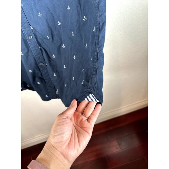 Denim & Flower Ricky Singh Mens M Navy Button-Up Shirt White Anchor Print Cotton - Picture 3 of 4